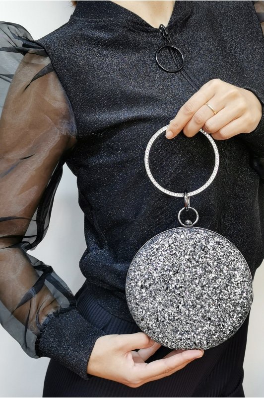 Pullu Mıxgümüş Yuvarlak Clutch Abiye Çanta