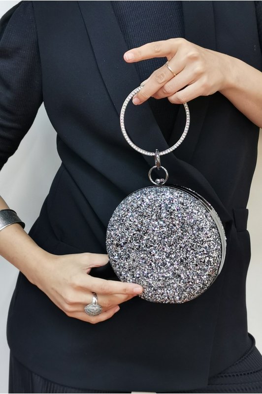 Pullu Mıxgümüş Yuvarlak Clutch Abiye Çanta