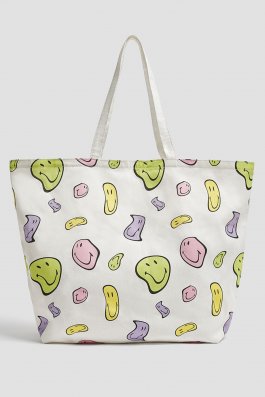 Kadın Beyaz Smiley Desenli Tote Çanta
