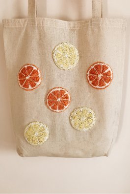 Limon Portakal Desenli Punch Işleme Kanvas Bez Çanta