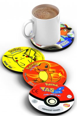 Pokemon Taso Şeklinde Nostaljik, Dekoratif Bardak Altlığı 8 Adet